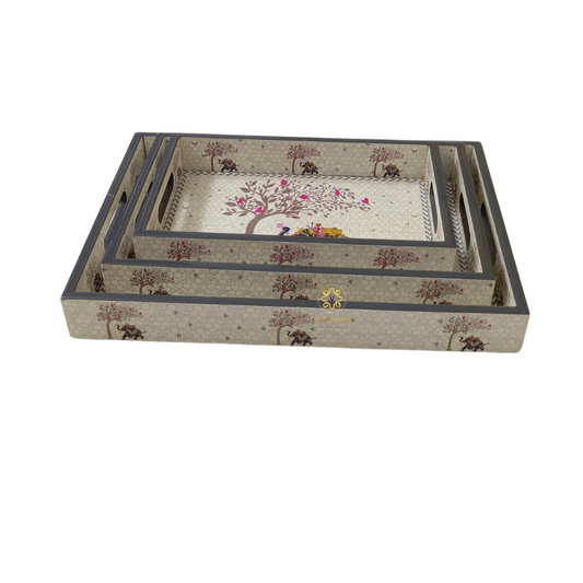Raj Ivory Tray Set - Epoxy Coated MDF Rectangle Tray Set of 3 – Diwali Gifting | Home Decor | Housewarming Gift | Wedding Gift | Corporate Gifting