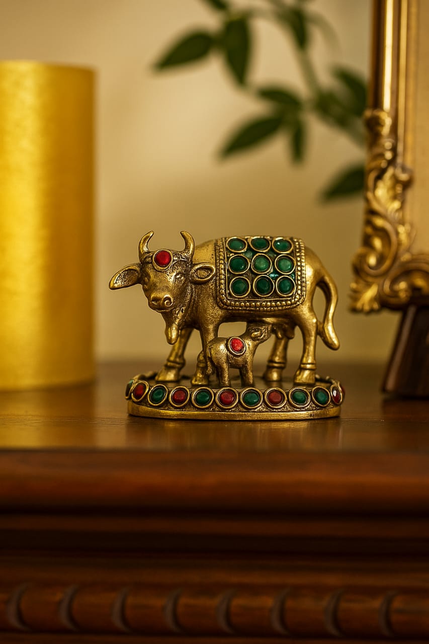 Kamdhenu Saubhagya Red & Green Medium  – Stonework Finish Brass Cow-Calf Pair on Embellished Base – Brass | Diwali Gifting | Home Decor | Housewarming Gift | Corporate Gifting