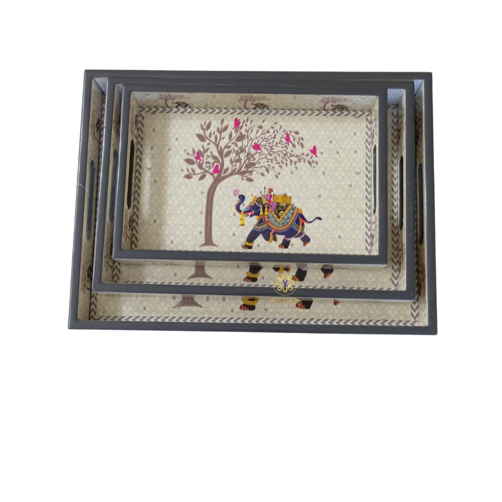 Raj Ivory Tray Set - Epoxy Coated MDF Rectangle Tray Set of 3 β Diwali Gifting | Home Decor | Housewarming Gift | Wedding Gift | Corporate Gifting