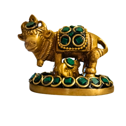 Kamdhenu Saubhagya Green Small – Stonework Finish Brass Cow-Calf Pair on Embellished Base – Brass | Diwali Gifting | Home Decor | Housewarming Gift | Corporate Gifting