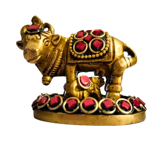 Kamdhenu Saubhagya  Red Small – Stonework Finish Brass Cow-Calf Pair on Embellished Base – Brass | Diwali Gifting | Home Decor | Housewarming Gift | Corporate Gifting