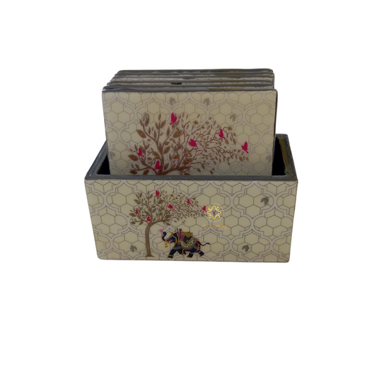 Raj  Ivory Coaster Set – Epoxy Coated MDF Coaster Set of 6 with Holder – Diwali Gifting | Home Decor | Housewarming Gift | Wedding Gift | Corporate Gifting