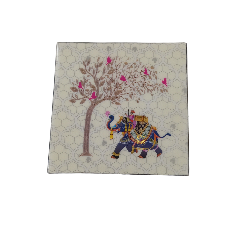 Raj  Ivory Coaster Set β Epoxy Coated MDF Coaster Set of 6 with Holder β Diwali Gifting | Home Decor | Housewarming Gift | Wedding Gift | Corporate Gifting