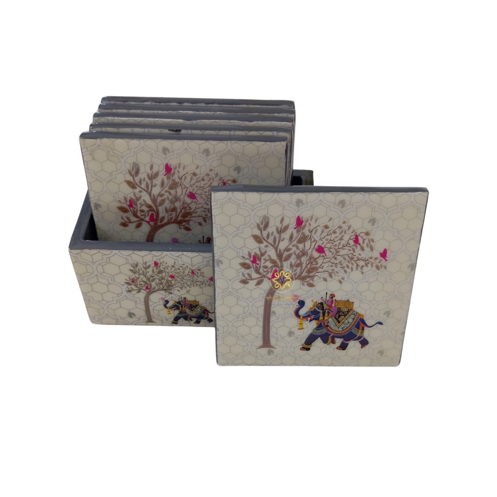 Raj  Ivory Coaster Set β Epoxy Coated MDF Coaster Set of 6 with Holder β Diwali Gifting | Home Decor | Housewarming Gift | Wedding Gift | Corporate Gifting