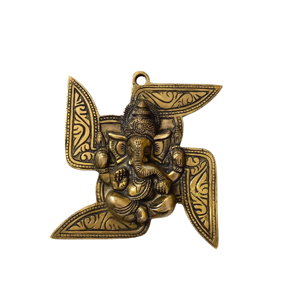 Vighnaharta Swastik – Brass Wall Hanging of Ganesh ji & Swastik Antique FInish – Brass | Pooja Decor | Wedding Gift | Home Decor | Housewarming Gift