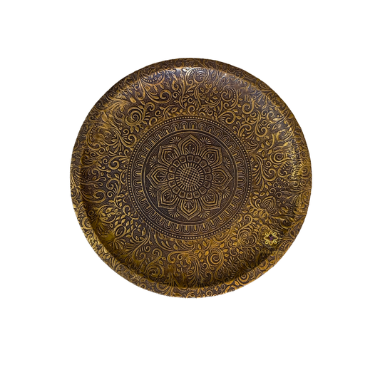 Swarna Chakra – Round Hand-Carved Brass Platter on Wooden Base – Diwali Gifting | Home Decor | Housewarming Gift | Wedding Gift | Corporate Gifting