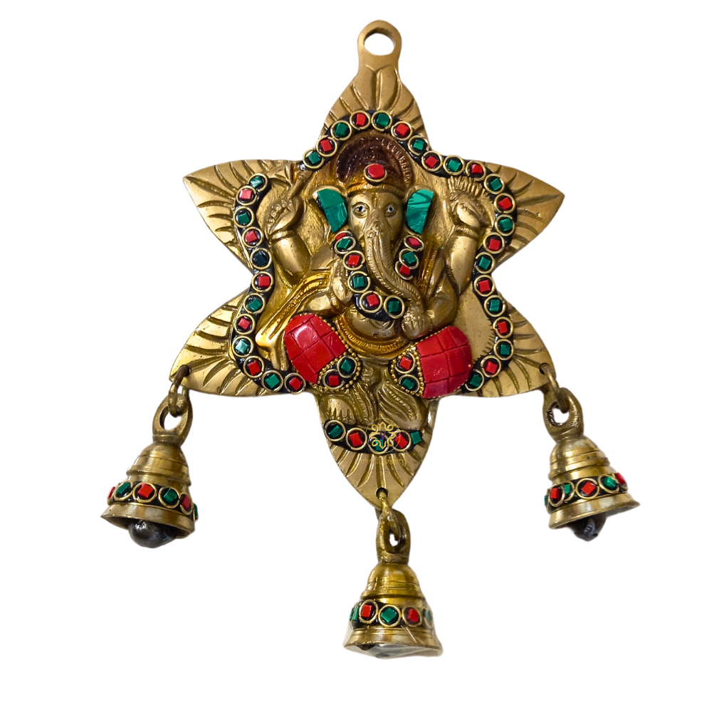 ShubhNakshatra Ganesh ji – Star-Shaped Brass Wall Hanging with 3 Hanging Bells & Colourful Stonework – Brass | Pooja Decor | Diwali Gifting | Home Decor | Housewarming Gift