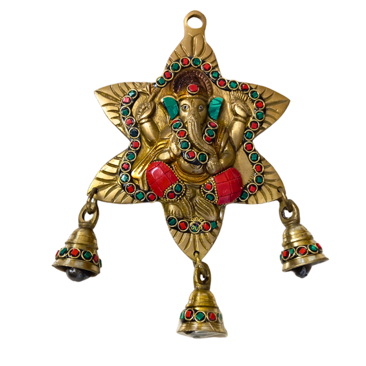 ShubhNakshatra Ganesh ji – Star-Shaped Brass Wall Hanging with 3 Hanging Bells & Colourful Stonework – Brass | Pooja Decor | Diwali Gifting | Home Decor | Housewarming Gift