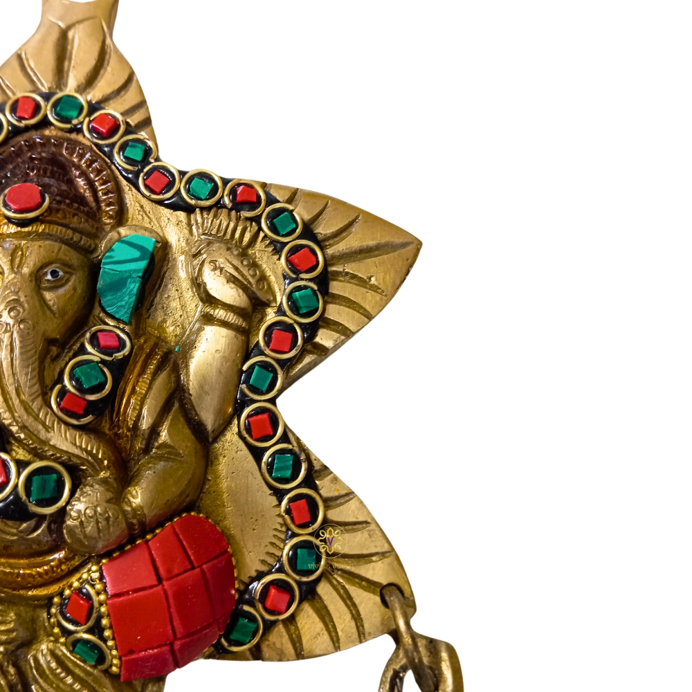 ShubhNakshatra Ganesh ji – Star-Shaped Brass Wall Hanging with 3 Hanging Bells & Colourful Stonework – Brass | Pooja Decor | Diwali Gifting | Home Decor | Housewarming Gift