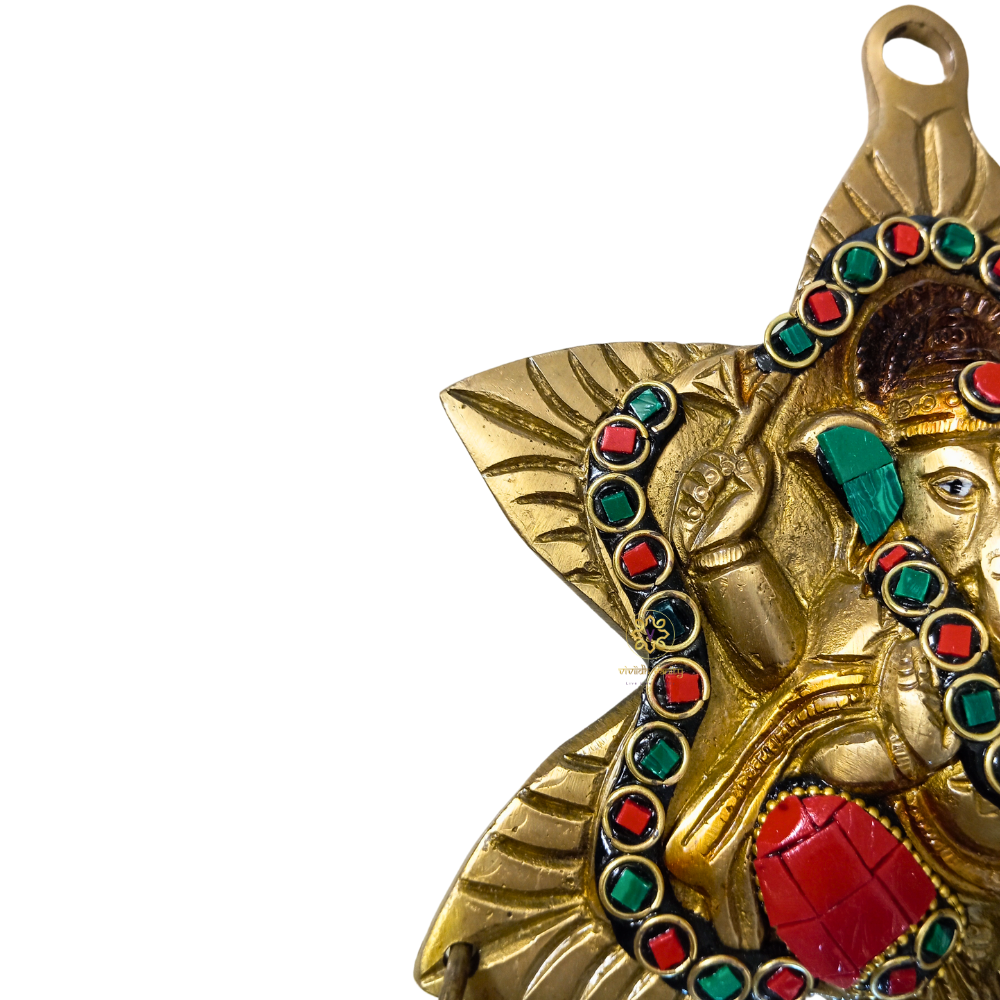 ShubhNakshatra Ganesh ji – Star-Shaped Brass Wall Hanging with 3 Hanging Bells & Colourful Stonework – Brass | Pooja Decor | Diwali Gifting | Home Decor | Housewarming Gift