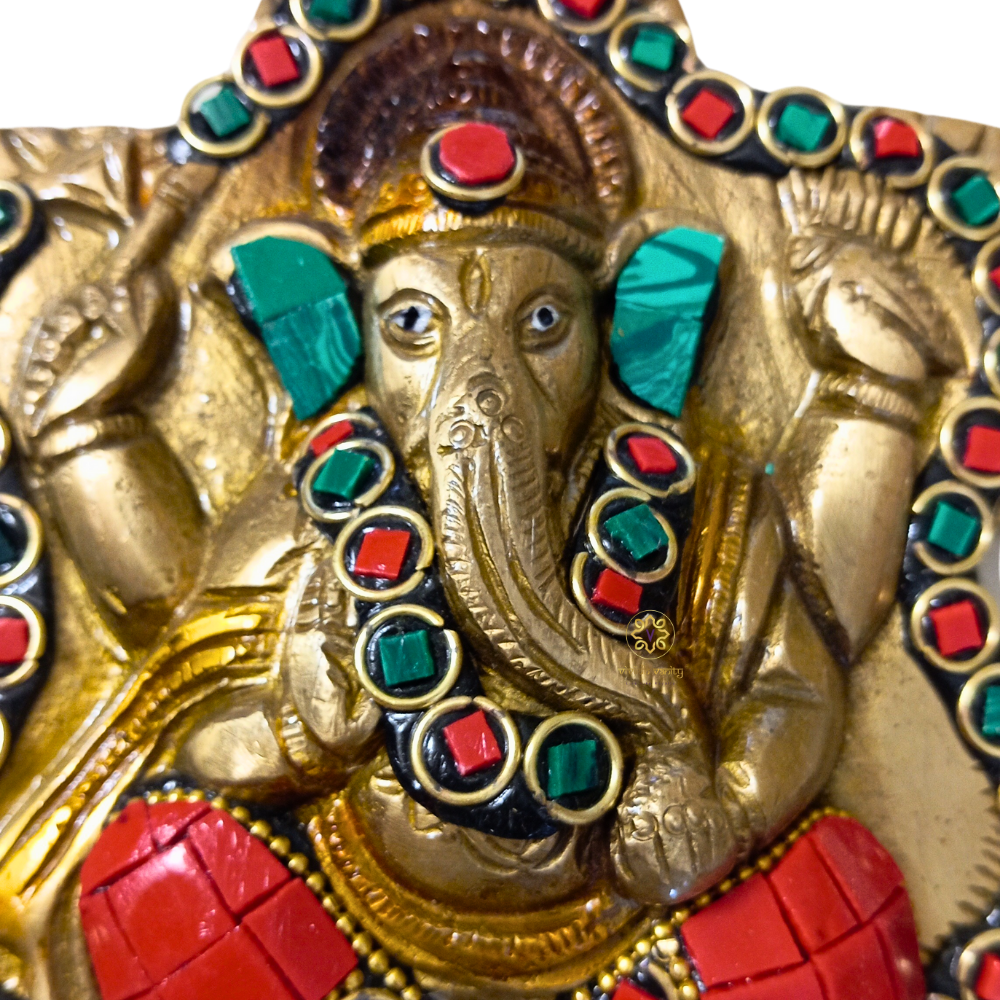 ShubhNakshatra Ganesh ji – Star-Shaped Brass Wall Hanging with 3 Hanging Bells & Colourful Stonework – Brass | Pooja Decor | Diwali Gifting | Home Decor | Housewarming Gift