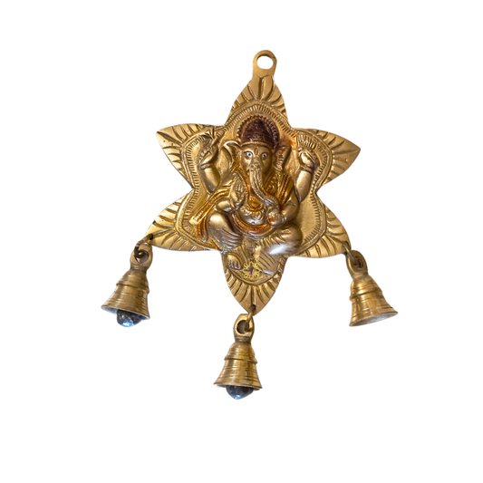 ShubhNakshatra Ganesh ji – Star-Shaped Brass Wall Hanging with 3 Hanging Bells – Brass | Pooja Decor | Diwali Gifting | Home Decor | Housewarming Gift