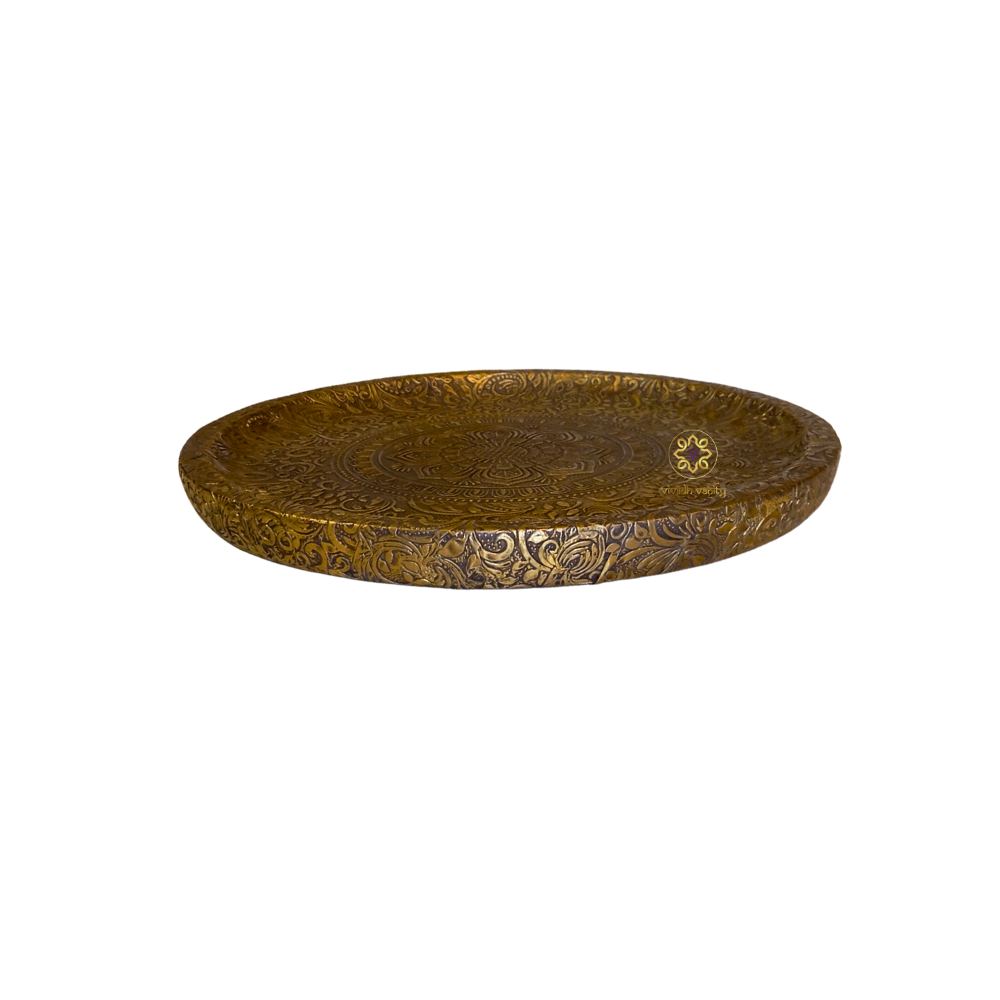Swarna Chakra – Round Hand-Carved Brass Platter on Wooden Base – Diwali Gifting | Home Decor | Housewarming Gift | Wedding Gift | Corporate Gifting