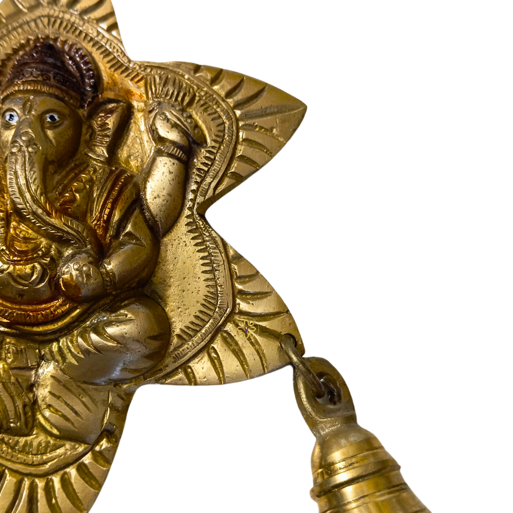 ShubhNakshatra Ganesh ji – Star-Shaped Brass Wall Hanging with 3 Hanging Bells – Brass | Pooja Decor | Diwali Gifting | Home Decor | Housewarming Gift