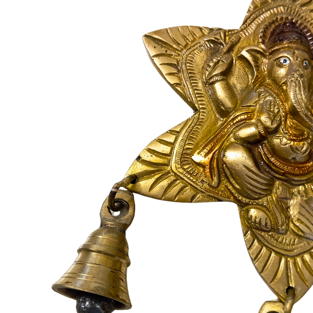 ShubhNakshatra Ganesh ji – Star-Shaped Brass Wall Hanging with 3 Hanging Bells – Brass | Pooja Decor | Diwali Gifting | Home Decor | Housewarming Gift