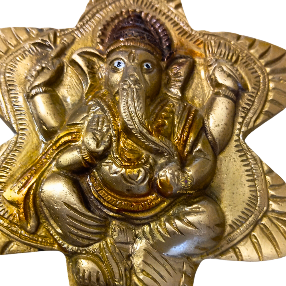 ShubhNakshatra Ganesh ji – Star-Shaped Brass Wall Hanging with 3 Hanging Bells – Brass | Pooja Decor | Diwali Gifting | Home Decor | Housewarming Gift