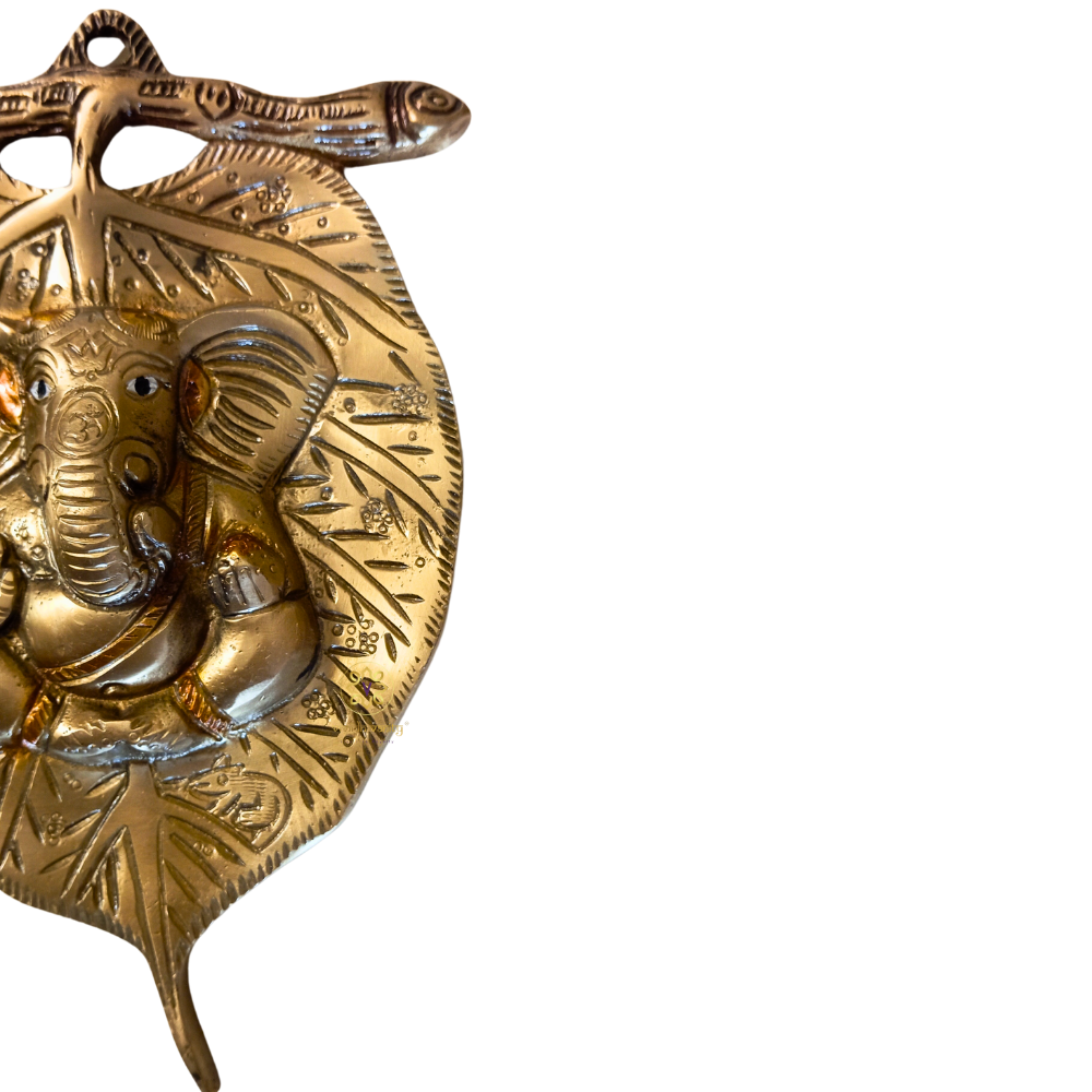PatraVighnaharta – Brass Ganesh ji Wall Hanging on Sacred Leaf Design – Brass | Pooja Decor | Wedding Gift | Home Decor | Housewarming Gift