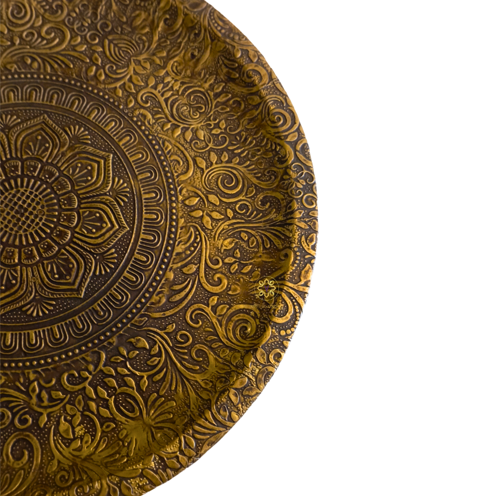 Swarna Chakra – Round Hand-Carved Brass Platter on Wooden Base – Diwali Gifting | Home Decor | Housewarming Gift | Wedding Gift | Corporate Gifting