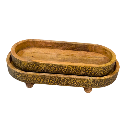 Swarna Leela Trays – Wood & Brass Oval Platter Set of 2 – Diwali Gifting | Home Decor | Housewarming Gift | Wedding Gift | Corporate Gifting