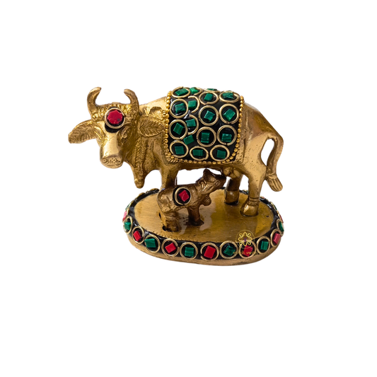 Kamdhenu Saubhagya Red & Green Medium  – Stonework Finish Brass Cow-Calf Pair on Embellished Base – Brass | Diwali Gifting | Home Decor | Housewarming Gift | Corporate Gifting