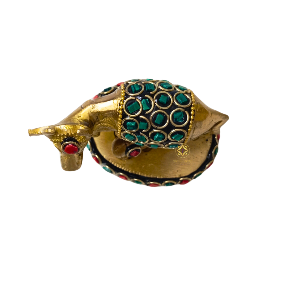 Kamdhenu Saubhagya Red & Green Medium  – Stonework Finish Brass Cow-Calf Pair on Embellished Base – Brass | Diwali Gifting | Home Decor | Housewarming Gift | Corporate Gifting