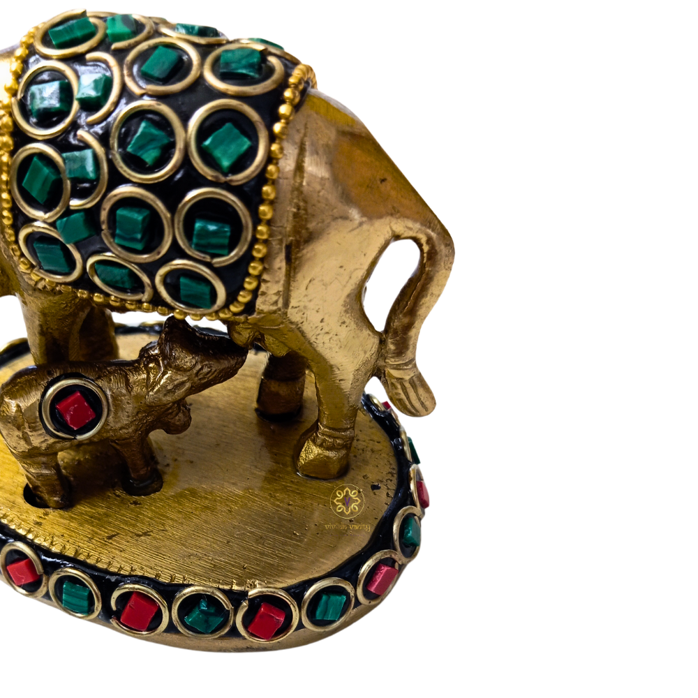 Kamdhenu Saubhagya Red & Green Medium  – Stonework Finish Brass Cow-Calf Pair on Embellished Base – Brass | Diwali Gifting | Home Decor | Housewarming Gift | Corporate Gifting