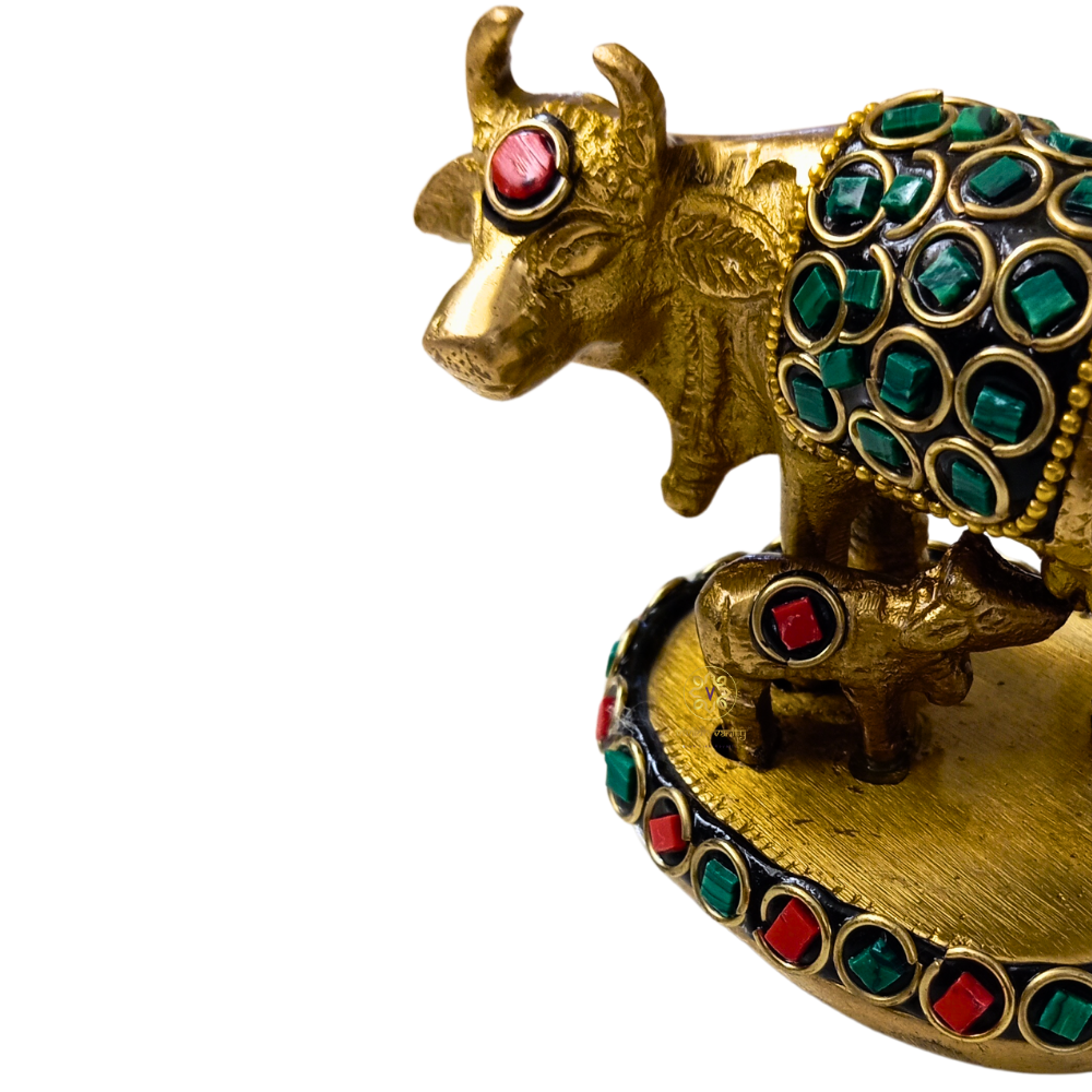 Kamdhenu Saubhagya Red & Green Medium  – Stonework Finish Brass Cow-Calf Pair on Embellished Base – Brass | Diwali Gifting | Home Decor | Housewarming Gift | Corporate Gifting