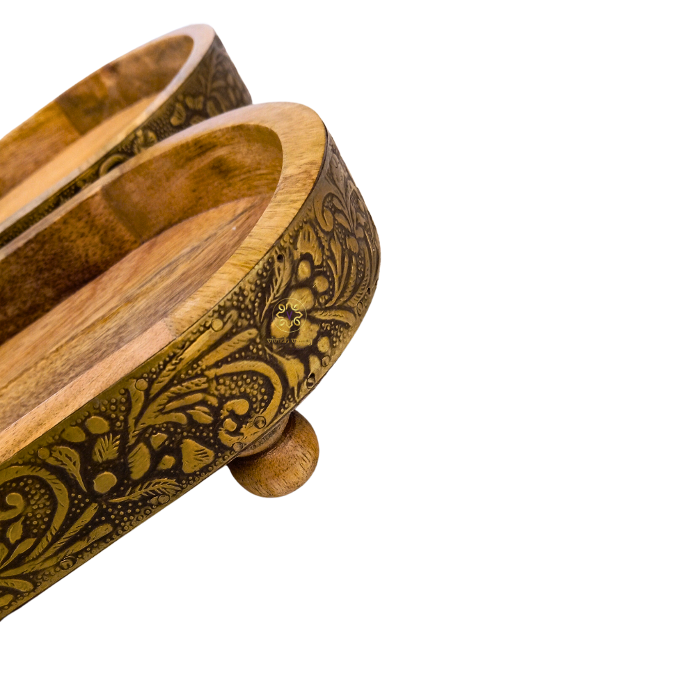 Swarna Leela Trays – Wood & Brass Oval Platter Set of 2 – Diwali Gifting | Home Decor | Housewarming Gift | Wedding Gift | Corporate Gifting