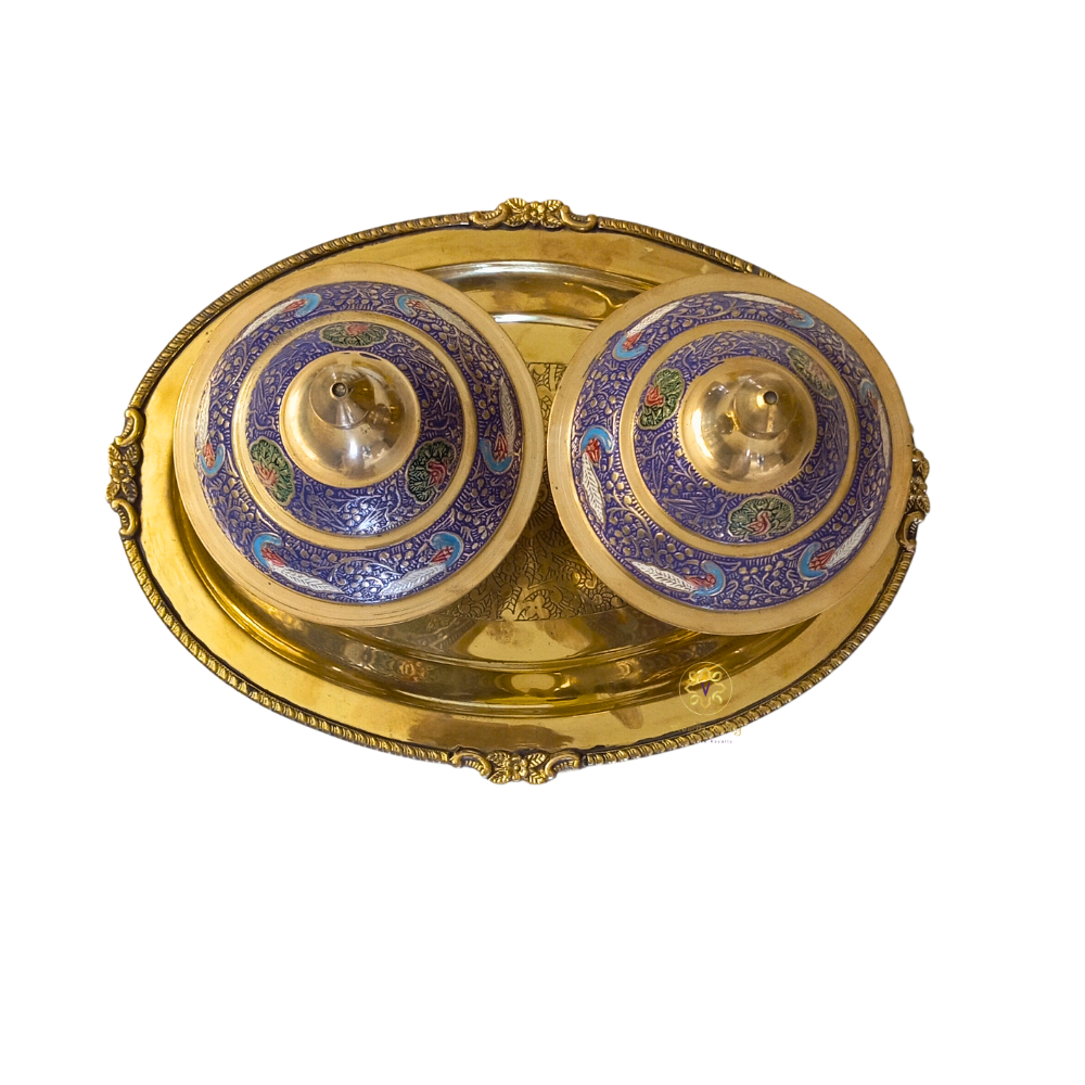 Peacock Regalia Set β Majestic Brass Dry Fruit Bowls with Blue Meenakari & Tray β Brass | Diwali Gifting | Home Decor | Housewarming Gift | Wedding Gift