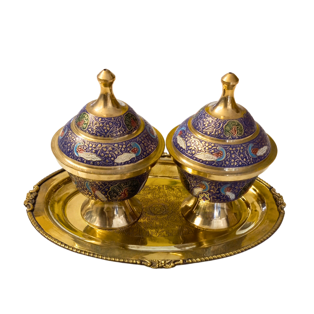 Peacock Regalia Set β Majestic Brass Dry Fruit Bowls with Blue Meenakari & Tray β Brass | Diwali Gifting | Home Decor | Housewarming Gift | Wedding Gift