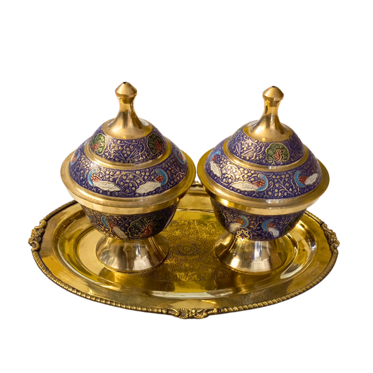 Peacock Regalia Set – Majestic Brass Dry Fruit Bowls with Blue Meenakari & Tray – Brass | Diwali Gifting | Home Decor | Housewarming Gift | Wedding Gift