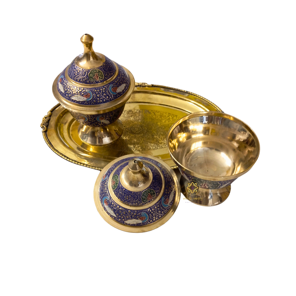 Peacock Regalia Set β Majestic Brass Dry Fruit Bowls with Blue Meenakari & Tray β Brass | Diwali Gifting | Home Decor | Housewarming Gift | Wedding Gift