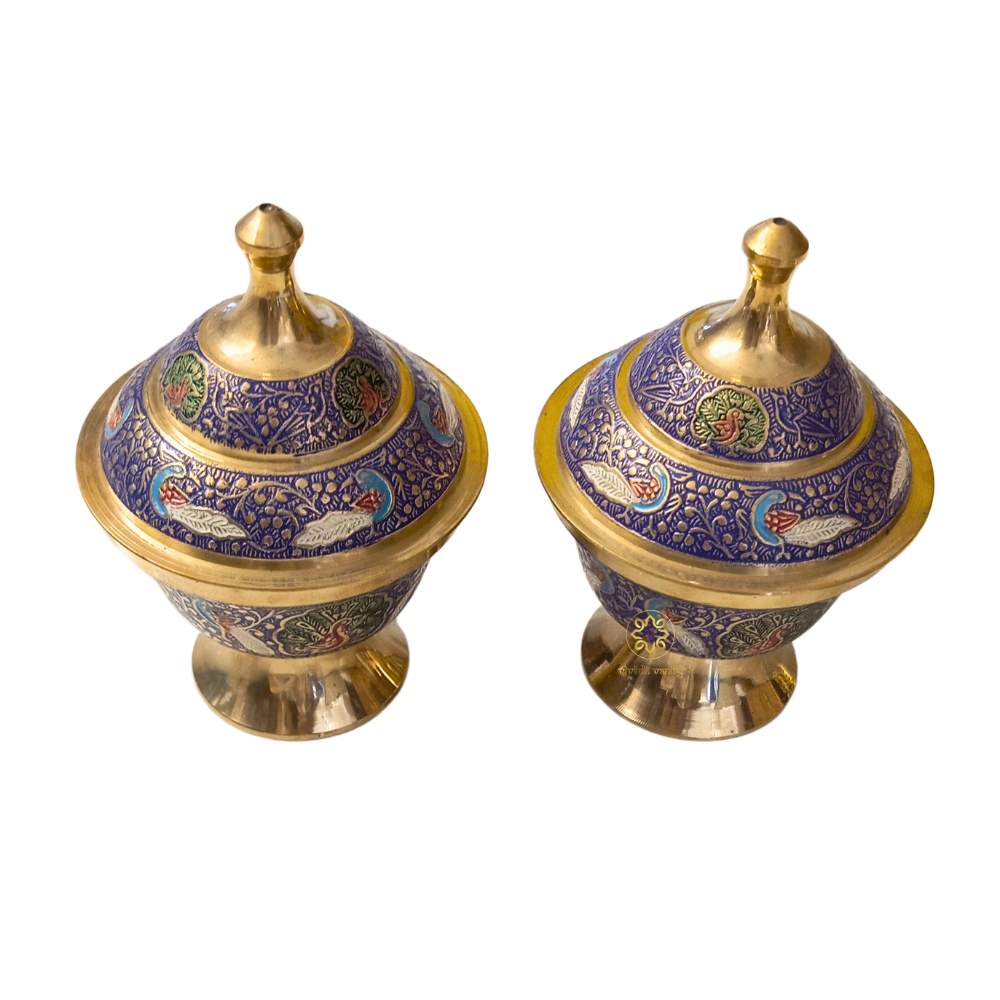 Peacock Regalia Set β Majestic Brass Dry Fruit Bowls with Blue Meenakari & Tray β Brass | Diwali Gifting | Home Decor | Housewarming Gift | Wedding Gift