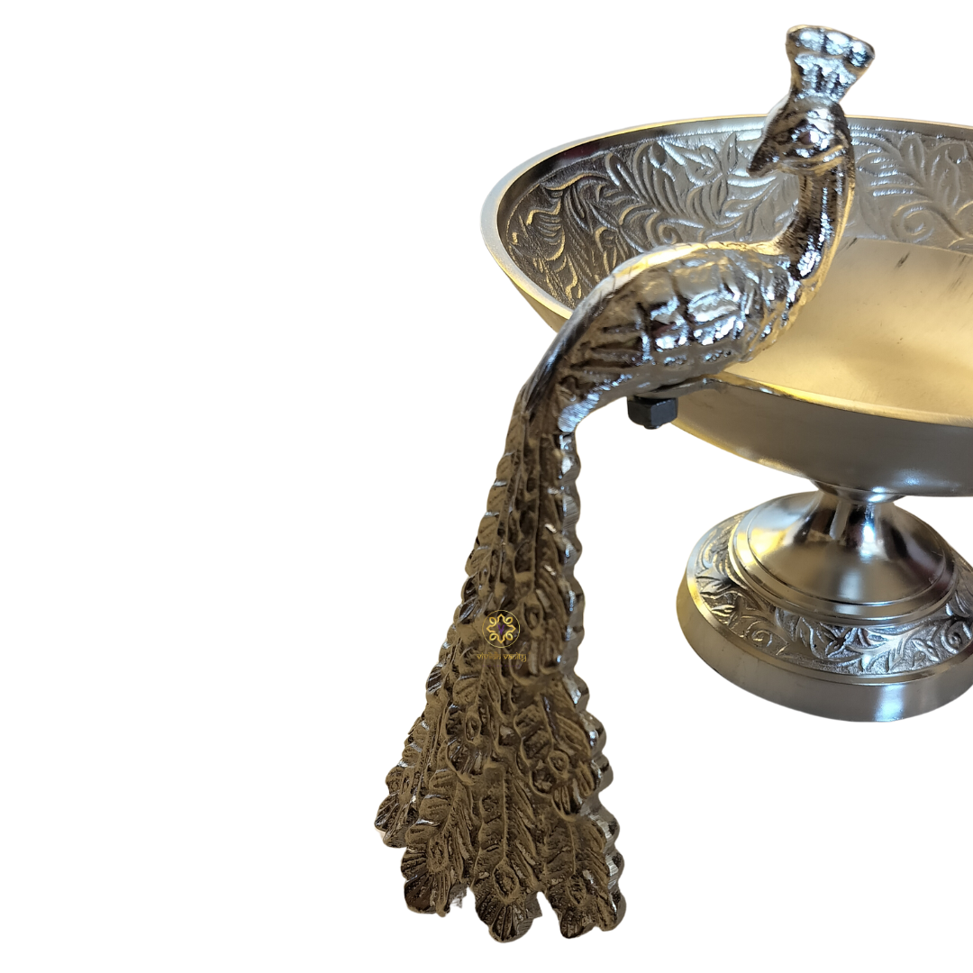 Majestic Peacock Chalice – Silver-Finish Bowl with Royal Peacock and Ornate Detailing – Dining Table Use | Diwali Gifting | Home Decor | Housewarming Gift | Wedding Gift