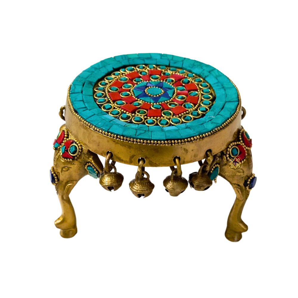 Shringar Vedika – Handcrafted Brass Chowki with Colourful Stonework & Bells – Brass | Pooja Decor | Diwali Gift | Home Decor | Housewarming Gift
