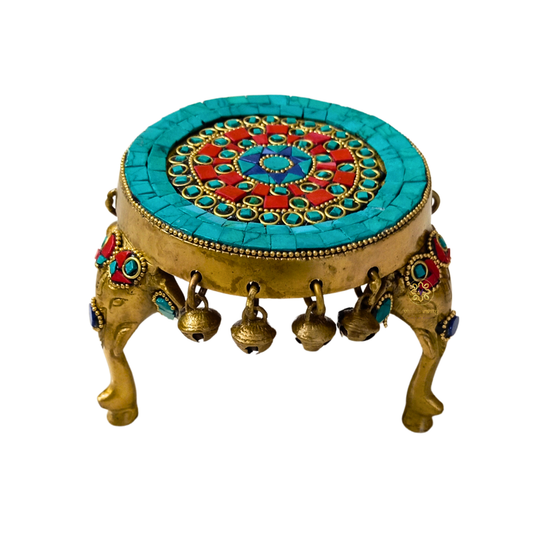 Shringar Vedika – Handcrafted Brass Chowki with Colourful Stonework & Bells – Brass | Pooja Decor | Diwali Gift | Home Decor | Housewarming Gift
