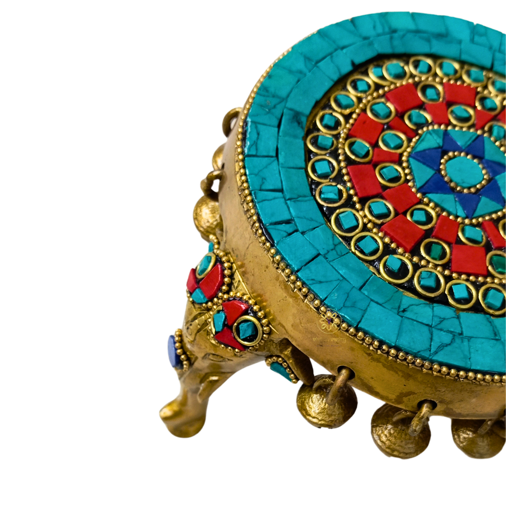 Shringar Vedika – Handcrafted Brass Chowki with Colourful Stonework & Bells – Brass | Pooja Decor | Diwali Gift | Home Decor | Housewarming Gift