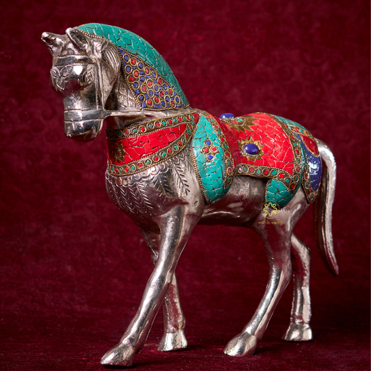Raj Vilas Ghoda – Silver Finish Metal Horse with Handcrafted Stonework – Premium Gifting | Home Decor | Vastu Decor | Feng Shui