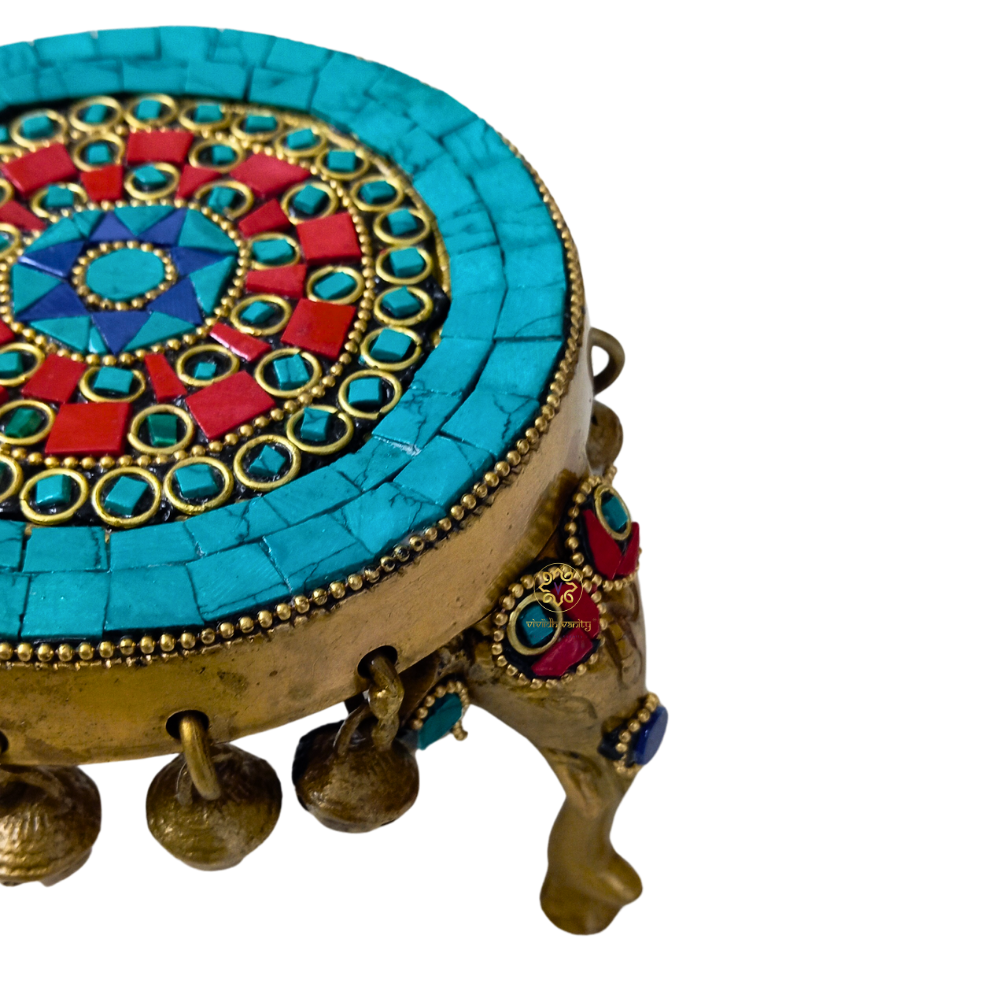 Shringar Vedika – Handcrafted Brass Chowki with Colourful Stonework & Bells – Brass | Pooja Decor | Diwali Gift | Home Decor | Housewarming Gift