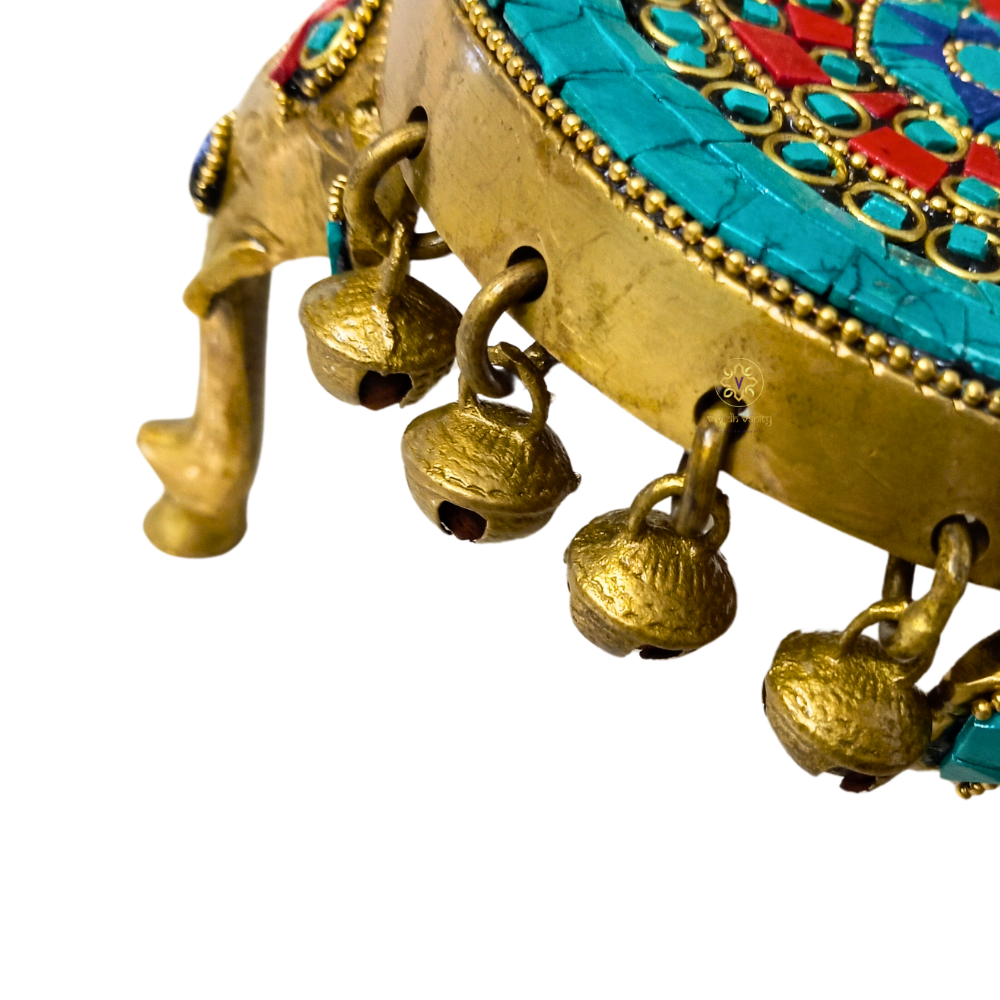 Shringar Vedika – Handcrafted Brass Chowki with Colourful Stonework & Bells – Brass | Pooja Decor | Diwali Gift | Home Decor | Housewarming Gift