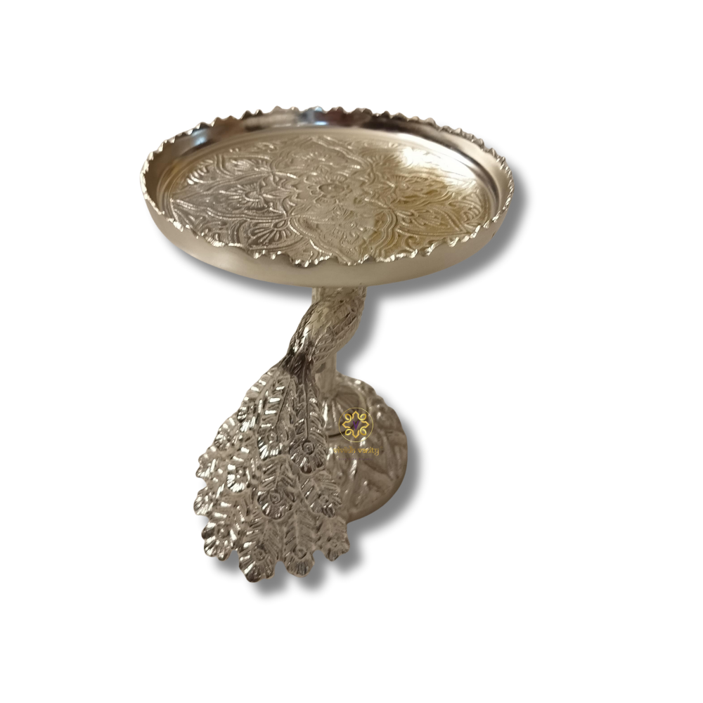 Imperial Peacock Platter β Silver-Finish Stand with Ornate Detailing for Cakes & Sweets β Dining Table Use | Diwali Gifting | Home Decor | Housewarming Gift | Wedding Gift