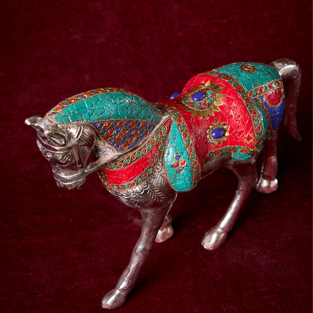 Raj Vilas Ghoda β Silver Finish Metal Horse with Handcrafted Stonework β Premium Gifting | Home Decor | Vastu Decor | Feng Shui