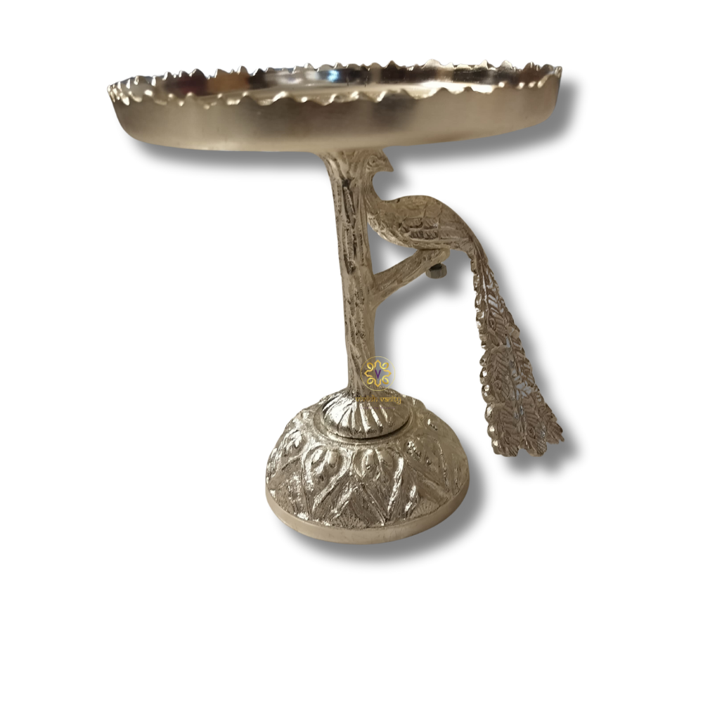 Imperial Peacock Platter β Silver-Finish Stand with Ornate Detailing for Cakes & Sweets β Dining Table Use | Diwali Gifting | Home Decor | Housewarming Gift | Wedding Gift