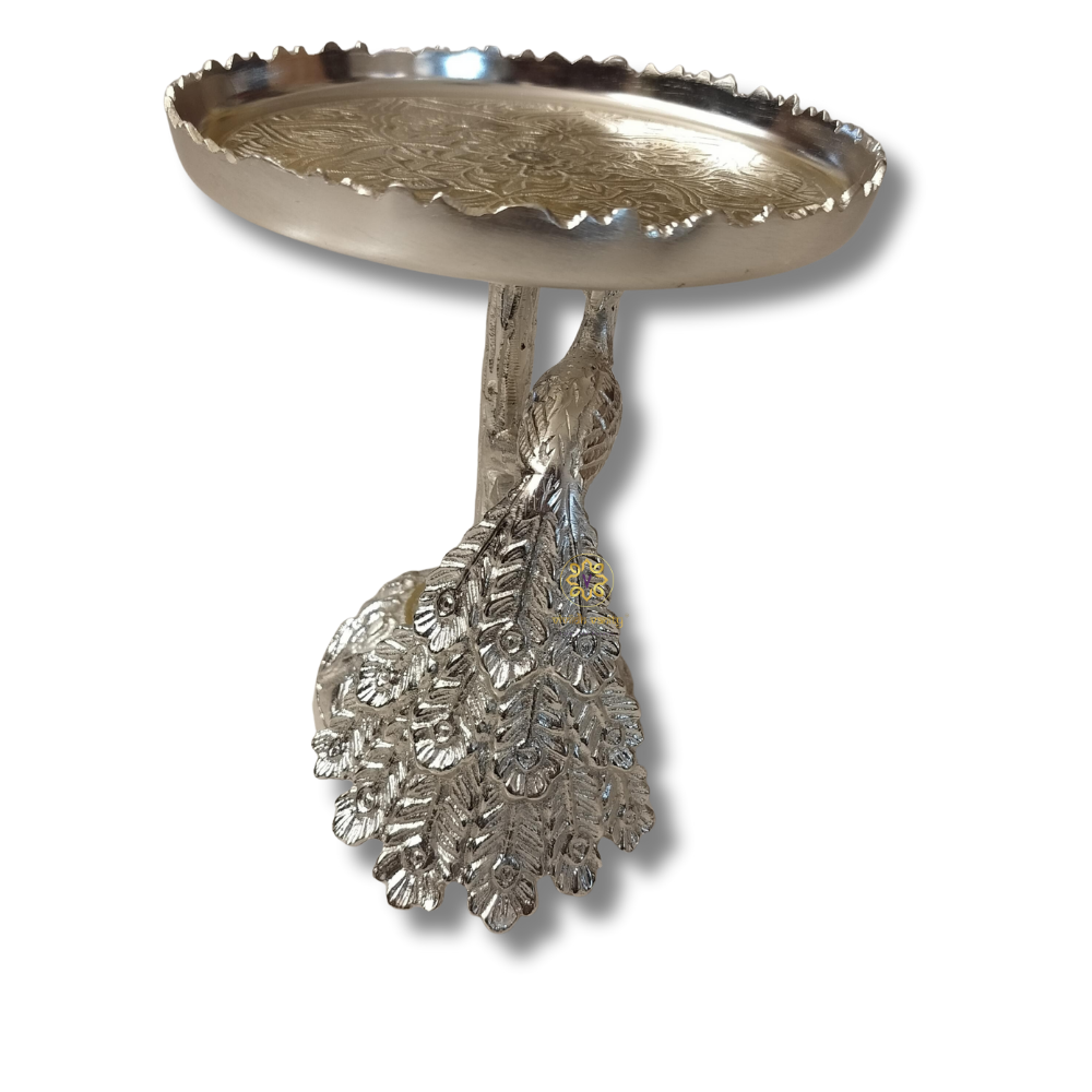 Imperial Peacock Platter β Silver-Finish Stand with Ornate Detailing for Cakes & Sweets β Dining Table Use | Diwali Gifting | Home Decor | Housewarming Gift | Wedding Gift