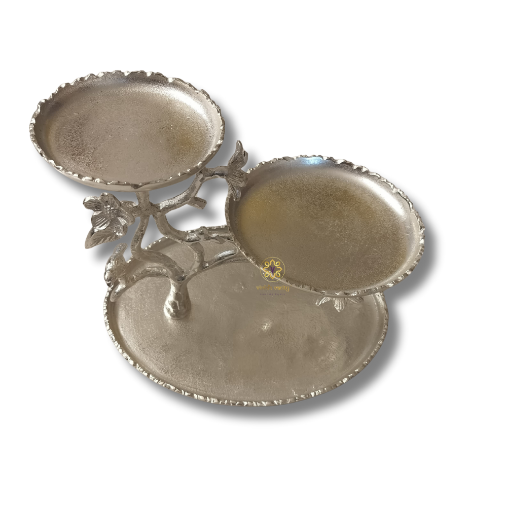Luxe Bloom Stand – Silver-Finish Three-Tier Snack Platter with Floral Detailing – Dining Table Use | Diwali Gifting | Home Decor | Housewarming Gift | Wedding Gift