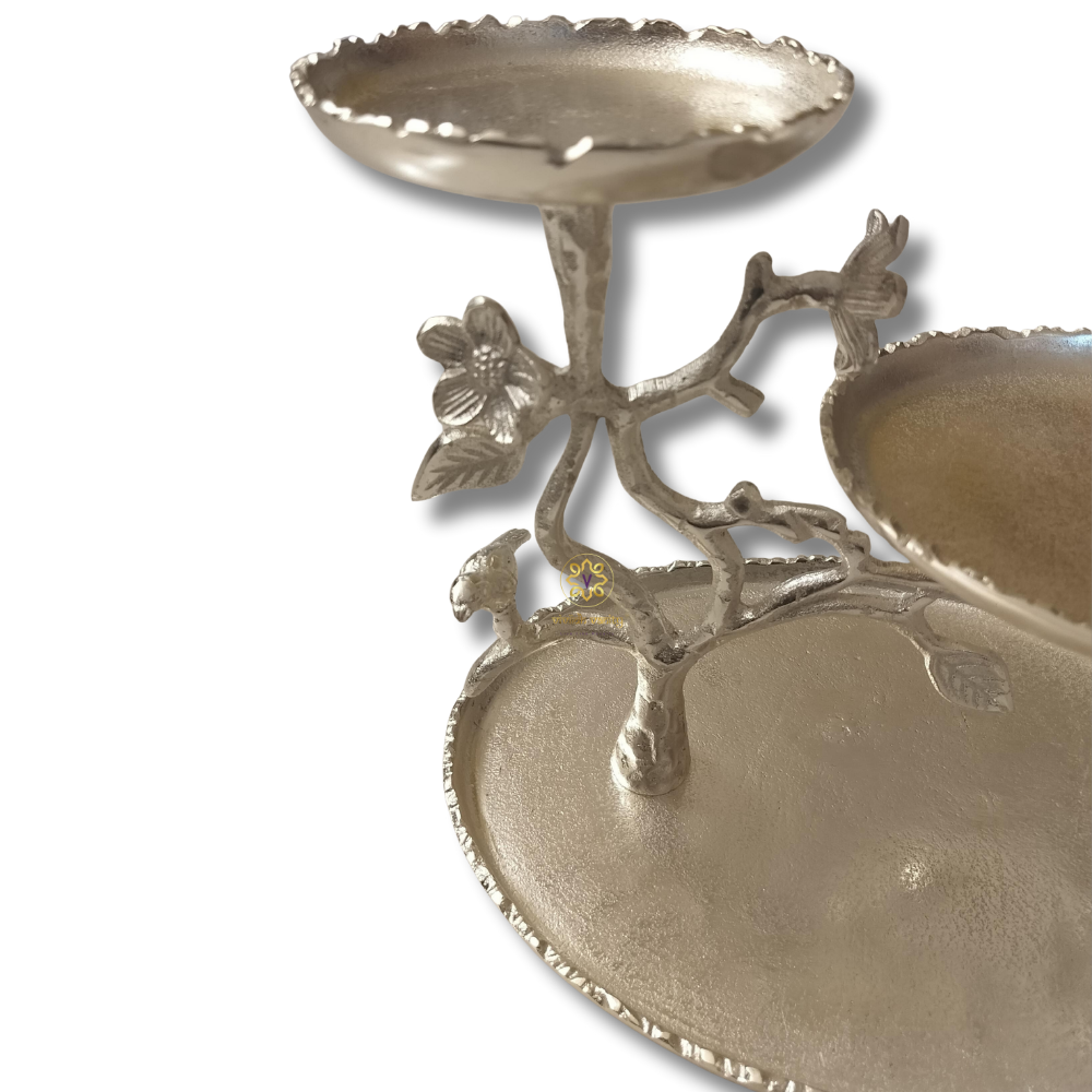 Luxe Bloom Stand – Silver-Finish Three-Tier Snack Platter with Floral Detailing – Dining Table Use | Diwali Gifting | Home Decor | Housewarming Gift | Wedding Gift