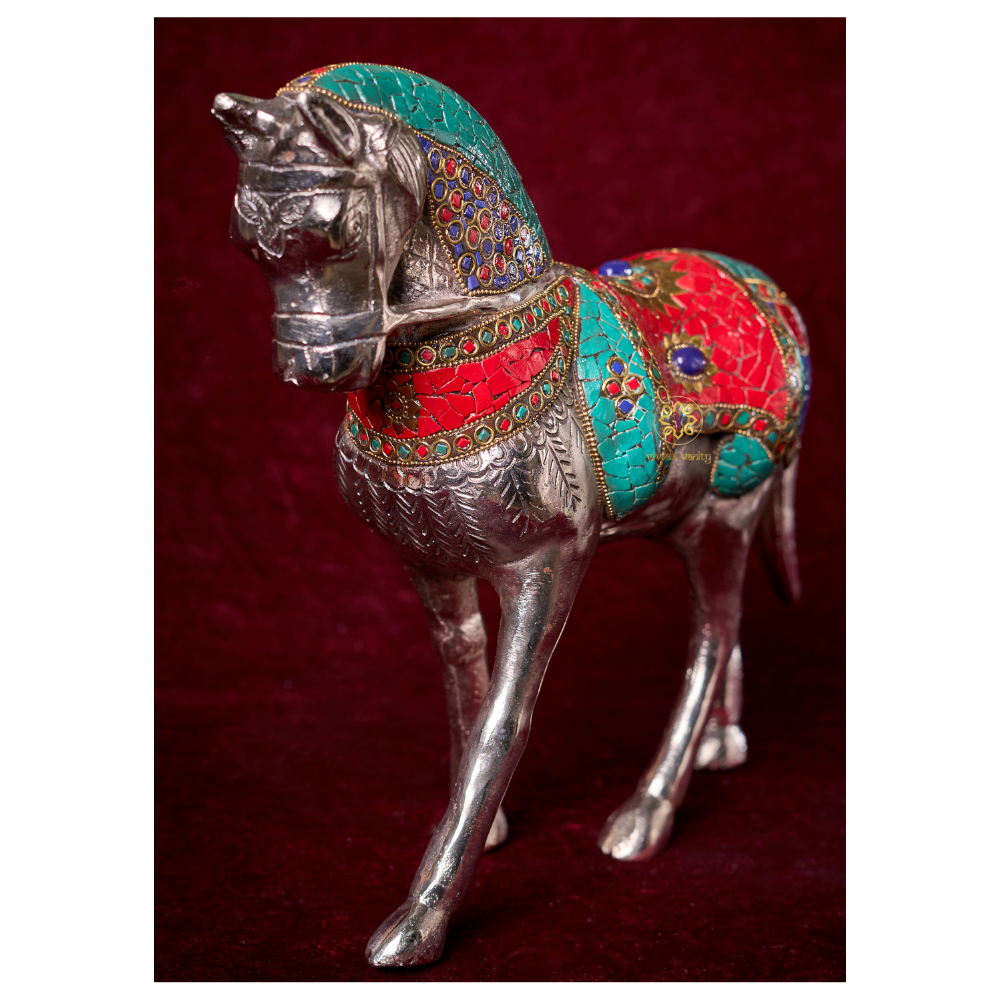 Raj Vilas Ghoda β Silver Finish Metal Horse with Handcrafted Stonework β Premium Gifting | Home Decor | Vastu Decor | Feng Shui