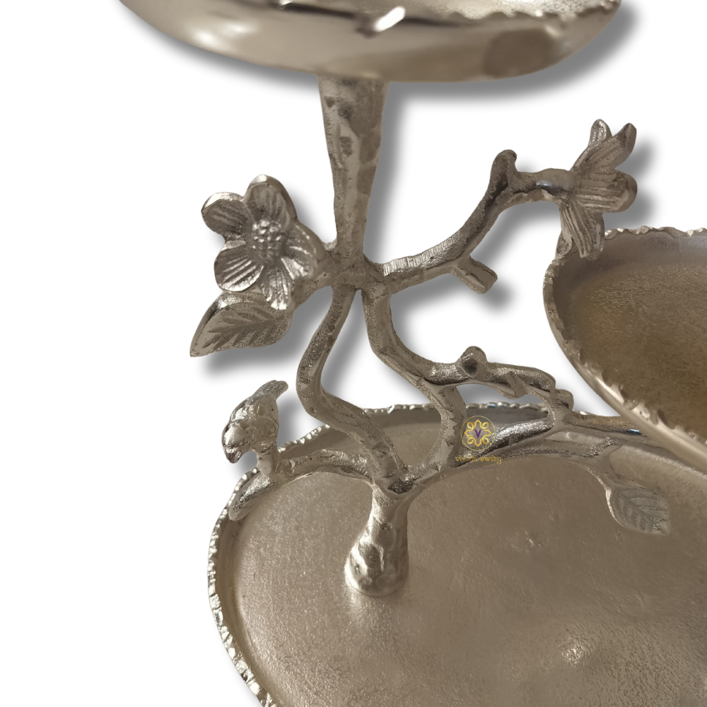 Luxe Bloom Stand – Silver-Finish Three-Tier Snack Platter with Floral Detailing – Dining Table Use | Diwali Gifting | Home Decor | Housewarming Gift | Wedding Gift