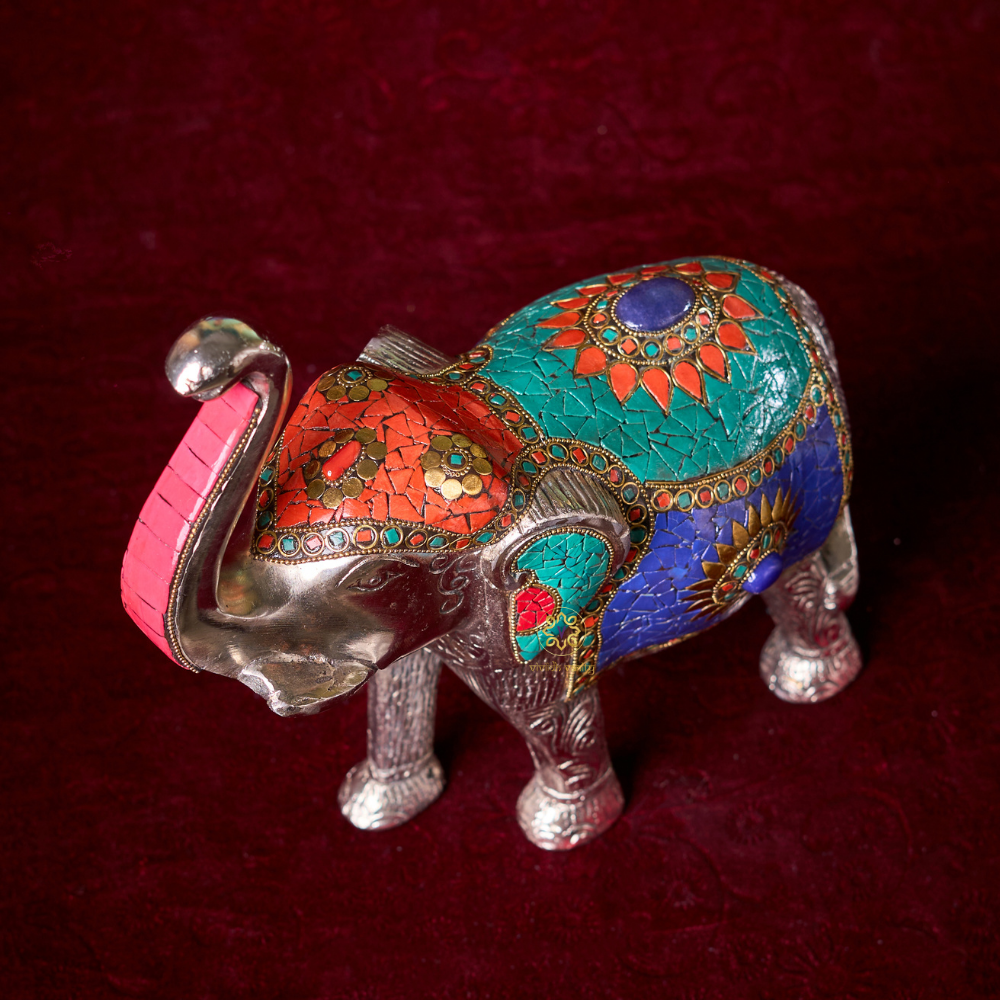 Raj Vilas Hathi β Silver Finish Metal Elephant with Handcrafted Stonework β Pooja Decor | Dining Table Use | Premium Gifting | Home Decor | Vastu Decor | Feng Shui