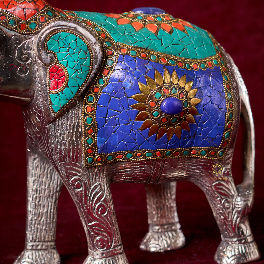 Raj Vilas Hathi β Silver Finish Metal Elephant with Handcrafted Stonework β Pooja Decor | Dining Table Use | Premium Gifting | Home Decor | Vastu Decor | Feng Shui